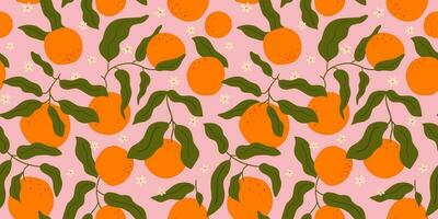 Orange fruit seamless pattern in abstract Matisse style. Tropical summer fruit on pink background. Citrus, curve leaves, tiny flowers print. Hand drawn vector fabric design, summer textile, wallpaper.