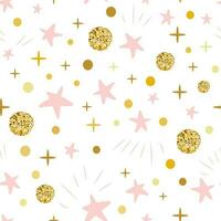 Winter Christmas hand drawn seamless pattern decorated golden snow, pink stars on white. Vector illustration for xmas wallpaper, wrap, fabric, textile or package design. Baby shower background.