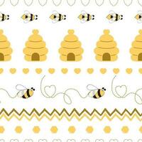 Seamless pattern with bee honey heart made in yellow colors Cute background in kids cartoon style Vector illustration. Fabric textile design for baby or girl cloth Wallpaper wrap cover wraping package