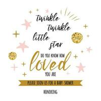 Twinkle twinkle little star text with cute gold, pink colors for girl baby shower card template Vector illustration. Banner for children birthday design, logo, label, sign, print. Inspirational quote