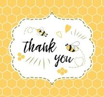 Baby shower invitation template with text Thank you with bee, honey. Cute card design for girls boys with bees. Vector illustration. Banner for children birthday congratulation on honeycomb background