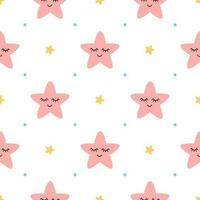 Vector seamless pattern sleeping pink stars on white backgound Cute children baby shower fabric design. Vector illustration for kids wallpaper wrap textile cloth package design. Smiling stars.