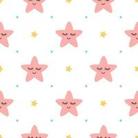 Vector seamless pattern sleeping pink stars on white backgound Cute children baby shower fabric design. Vector illustration for kids wallpaper wrap textile cloth package design. Smiling stars.