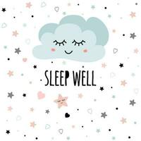 Poster for baby room with text Sleep well for baby decorated cute hand drawn light pink cartoon cloud star heart Nice wish for baby shower design card banner cloth Childish vector illustration.