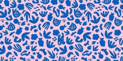 matisse resumen moderno Arte sin costura modelo con azul geométrico botánico formas, hojas en rosado antecedentes. vector repetir impresión. floral orgánico textil diseño. mano dibujado sencillo collage separar decoración