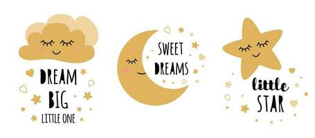 Kids posters set Cute childish typography print cloud moon star nursery apparel baby shower invitation Text dream Big Black gold colors Vector Illustration Postcard baby room wall art Kids room decor.