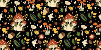 Forest mushrooms seamless pattern with fall leaves, berries, flowers, acorn, bird on black repeat background. Vector nature print. Hand drawn fly agaric amanita edible mushrooms in cute childish style