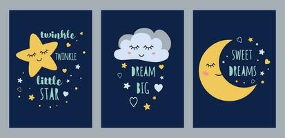 Dream cards set for baby template design Cute character Set of posters with sleepy moon star cloud for baby room decoration Baby shower background Fabric print banners Kids flyers Vector illustration.