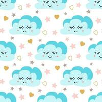 Cute sky pattern. Seamless vector design with smiling, sleeping moon hearts stars clouds Baby illustration Sky print pattern for kids Childish wallpaper. Night pyjamas template. Fabric cloth design.