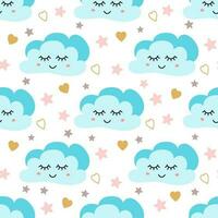 Cute sky pattern. Seamless vector design with smiling, sleeping moon hearts stars clouds Baby illustration Sky print pattern for kids Childish wallpaper. Night pyjamas template. Fabric cloth design.