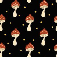 Mushroom pattern. Fall seamless vector print with cute cartoon forest fly agaric in dark background. Hand drawn autumn repeat wallpaper, textile design, fabric, wrap paper. Dark academia concept.