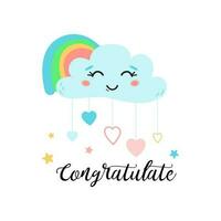 Congratulations banner with colorful smiling cute cloud rainbow Vector illustration Text for Congratulate Print Banner card template.