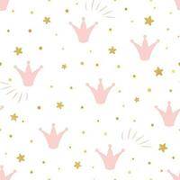 Pink cute princess pattern Seamless background with a pink crown gold stars on a white background Can be used for wallpaper, pattern fills, web page background, surface textures. Vector Illustration