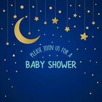 Baby Shower Invitation Template with sparkle golden moon, gold stars on dark blue background. Gentle banner for children birthday party congratulation invitation. Vector illustration logo sign label.