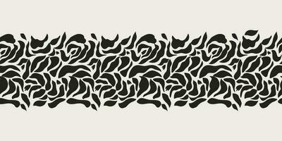 Floral Matisse leaves seamless long border. Horizontal decorative print. Tropical curved plants in black color. Abstract contemporary repeat background in vector. Plants hand drawn in minimal style. vector