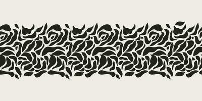 Floral Matisse leaves seamless long border. Horizontal decorative print. Tropical curved plants in black color. Abstract contemporary repeat background in vector. Plants hand drawn in minimal style. vector