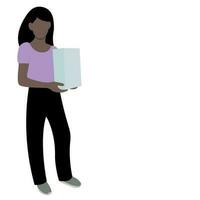 Portrait of a black girl in full growth with a package in her hands, isolate on white, shopping, faceless illustration, gift vector