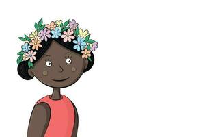 Portrait of a black cartoon cute girl in a wreath of flowers, isolate on white, flat vector