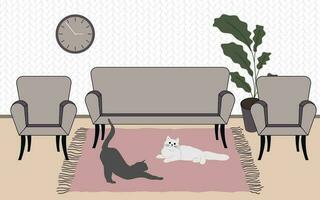 Illustration of a home environment with a sofa and two armchairs. Two cats of a dark and light color are resting on the carpet on the floor. Wallpaper cozy knitted textry vector