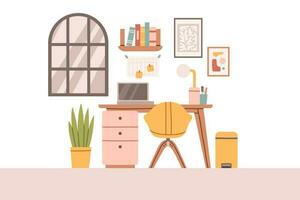 Mid century scandinavian study design interior. Cozy furnished wokspace. Flat vector cartoon illustration isolated on white background. Vector illustration