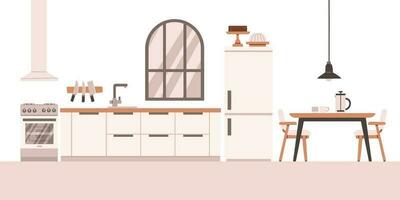 Kitchen with furniture. Cozy kitchen interior with table, stove, cupboard, dishes and fridge. Flat style vector illustration.