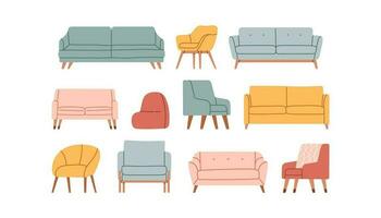 de moda cómodo silla y sofá colocar. resumen suave muebles, lujo sillón, sofá, mano dibujado garabatear elementos. vector. vector ilustración