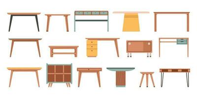 Set of different tables, classic, modern, office. Isolated on a white background. Cartoon vector flat illustration