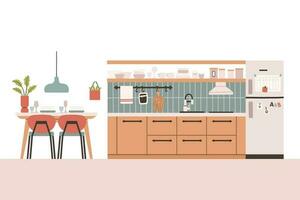Kitchen with furniture. Cozy kitchen interior with table, stove, cupboard, dishes and fridge. Flat style vector illustration.
