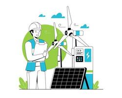 Renewable energy concept. Vector illustration of clean electric energy from renewable sources, sun, and wind. Sustainable green energy, renewable energy sources, and green electricity