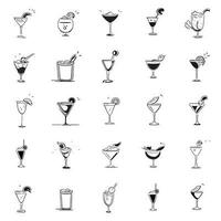 Vector outline alcohol glasses icon set in doodle style. Types of alcohol drinks glasses. Design elements for menus, pubs, postcards, advertising. Various glasses for alcoholic drinks in doodle style.