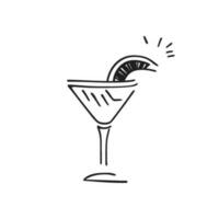 Vector linear Cocktail with slice of lime. Icon. A slice of lemon with a martini or mojito glass. Cocktail glass, doodle style.