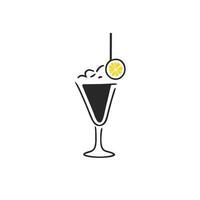 Drink vector icon set. Cocktail icon. Glass with ice cream and lime slice. Line and flat icon. Bar symbol. Doodle style black and yellow illustration.