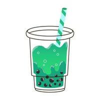 taza de verde burbuja Leche té con palo y tapioca en plano estilo aislado en blanco antecedentes. para imprimir, diseño, póster vector