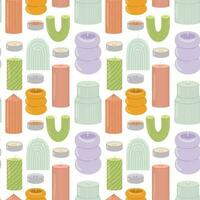 Seamless colorful pattern with different modern handmade aroma candles on white background in flat style. Home design, interior concept. For background, textile, wrapper vector