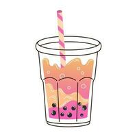 Cup of pink orange bubble tea with stick and tapioca in flat style isolated on white background. For print, design, poster vector