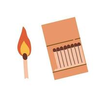 Isolated burn matchstick with flame and opened matchbox in flat style on white background vector