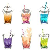 Set colorful glasses of bubble milk tea with sticks and tapioca in flat style isolated on white background. For print, design, poster vector