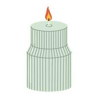 Isolated cartoon figure light green wax candle. Modern decoration for home interior, spa, relax. Flat vector illustration on white background