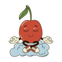 Isolated groovy character cherry in gloves meditating on the cloud in flat retro classic cartoon style on white background. Illustration for your design, print, card, poster, stickers vector