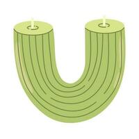 Isolated cartoon wax green relief candle with wick. Modern decoration for home interior, spa, relax. Flat vector illustration on white background