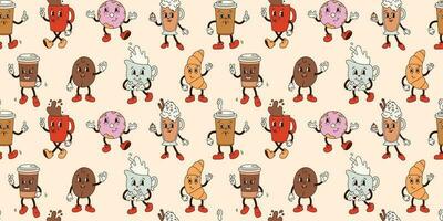 Seamless pattern with groovy coffee characters in old cartoon classic flat style on beige. Mug, coffee to go, donut, cappuccino, croissant, bean. For print, textile, background vector