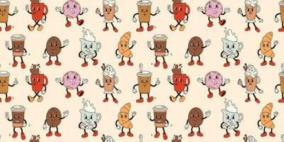 Seamless pattern with groovy coffee characters in old cartoon classic flat style on beige. Mug, coffee to go, donut, cappuccino, croissant, bean. For print, textile, background vector