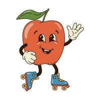 Isolated groovy character red apple in gloves on roller skates in flat retro classic cartoon style on white background. Illustration for your design, print, card, poster, stickers vector