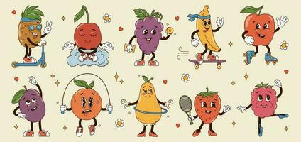 Set isolated different sportive fruits groovy characters in gloves in flat retro classic cartoon style on white background. Illustration for your design, print, card, poster, stickers vector