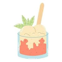 Isolated cartoon colorful ice cream in glass with stick and mint in flat vector style on white background. Summer food.