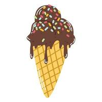 Isolated cartoon colorful ice cream in a waffle cone with chocolate ball with colorful sprinkles in flat vector style on white background. Summer food.