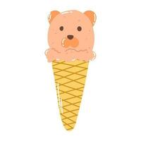 Isolated cartoon colorful ice cream in a waffle cone with orange ball in shape bear in flat vector style on white background. Summer food.