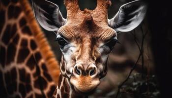 Giraffe grazing in African meadow, cute portrait generated by AI photo