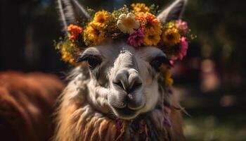 Smiling alpaca posing in lush green meadow generated by AI photo