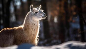 linda alpaca pasto en Nevado montaña prado generado por ai foto